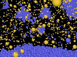 多数の衛星核出現の様子を示した大規模分子動力学計算のスナップショット